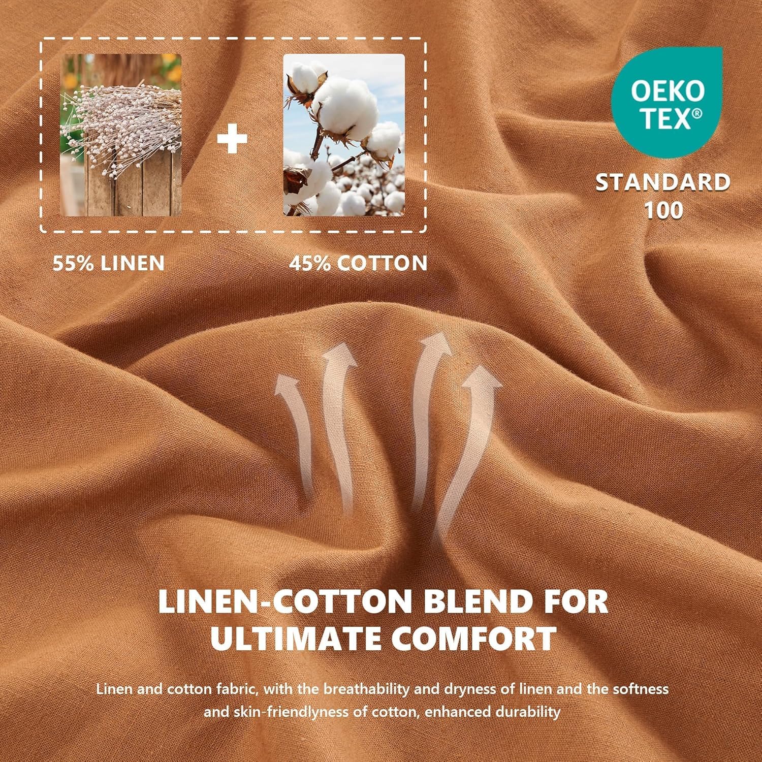 Flax Linen Cotton Sheet Set Queen Size, 4PCS Natural Linen Blend Bed Sheet with 1 Flat Sheet, 1 Fitted Sheet & 2 Pillowcases, Soft & Breathable Farmhouse Bedding Set for Hot Sleepers, Rust - Image 3