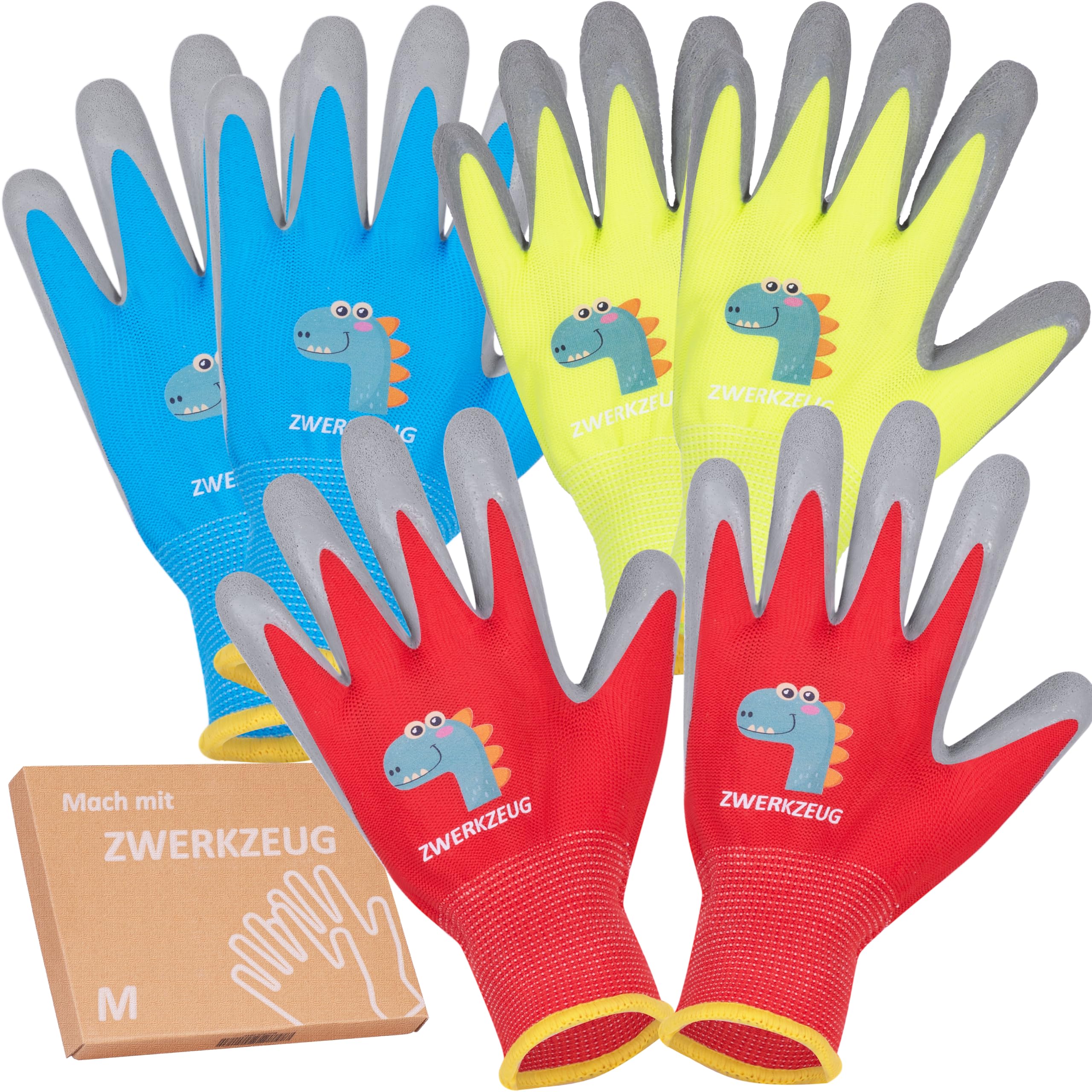 ZWERKZEUG 3 Paar Kinder Arbeitshandschuhe mit natürlicher Latexschicht und dehnbarem Gewebe, Kinder Schutzhandschuhe mit Handflächenbeschichtung, Gummibeschichtete Arbeitshandschuhe, mehrfarbig