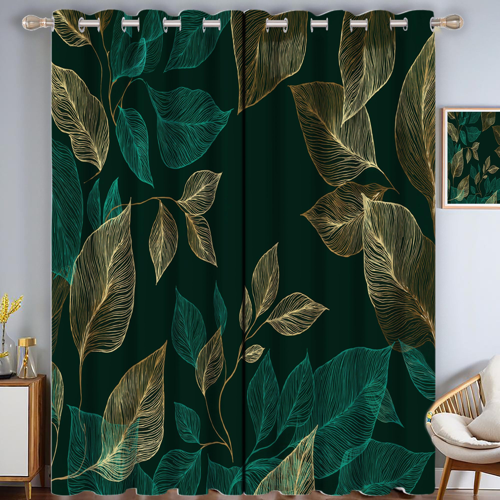 Rideaux occultants plantes pour salon et chambre : lot de 2 rideaux à oeillets vert et or 140x260cm