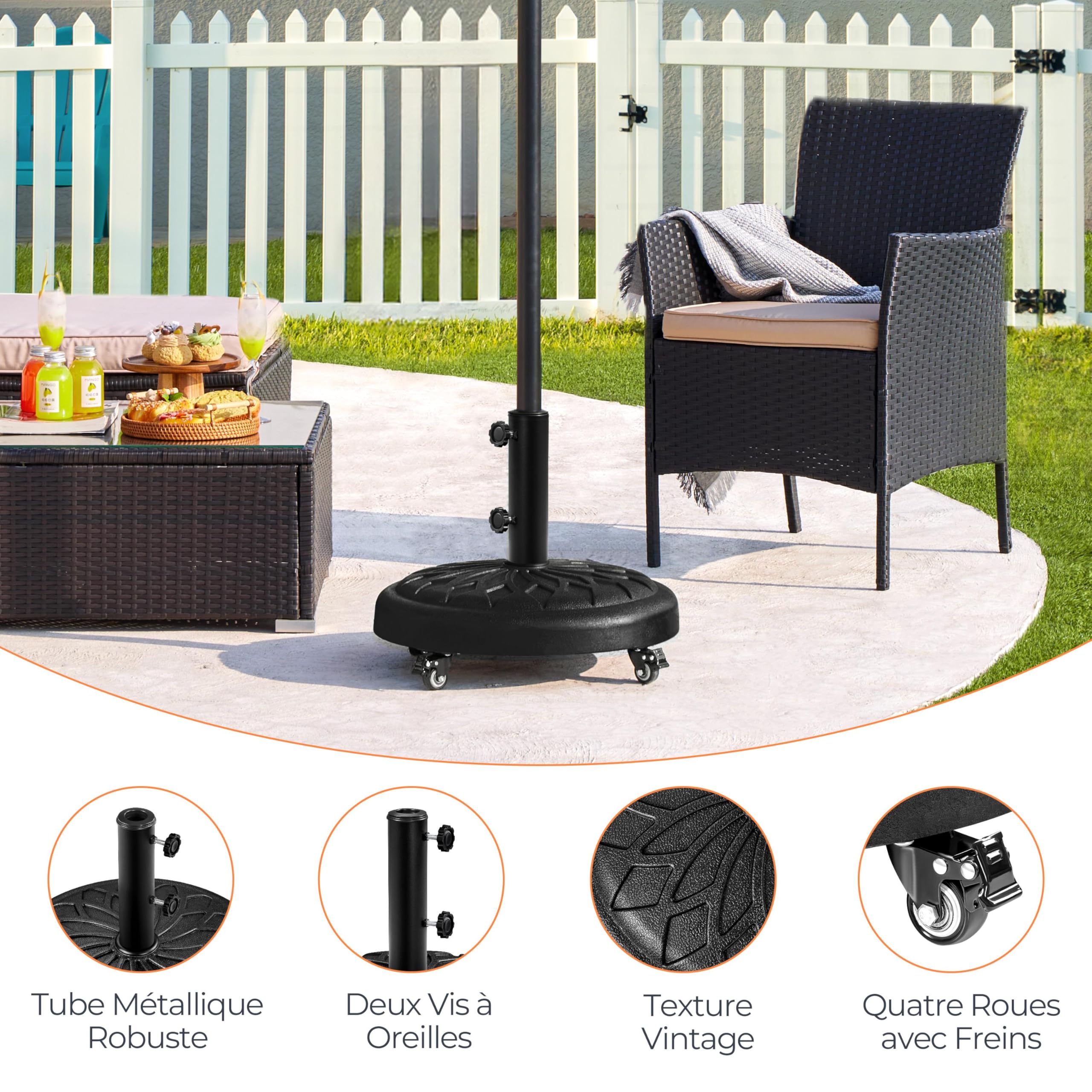 Abician Pied de Parasol Rond à roulettes 24,72 kg，Base de Parasol Standard en Résine pour Mât de Ø 34mm/38mm/48mm du Parasol, Patio Jardin Extérieur Marché Noir