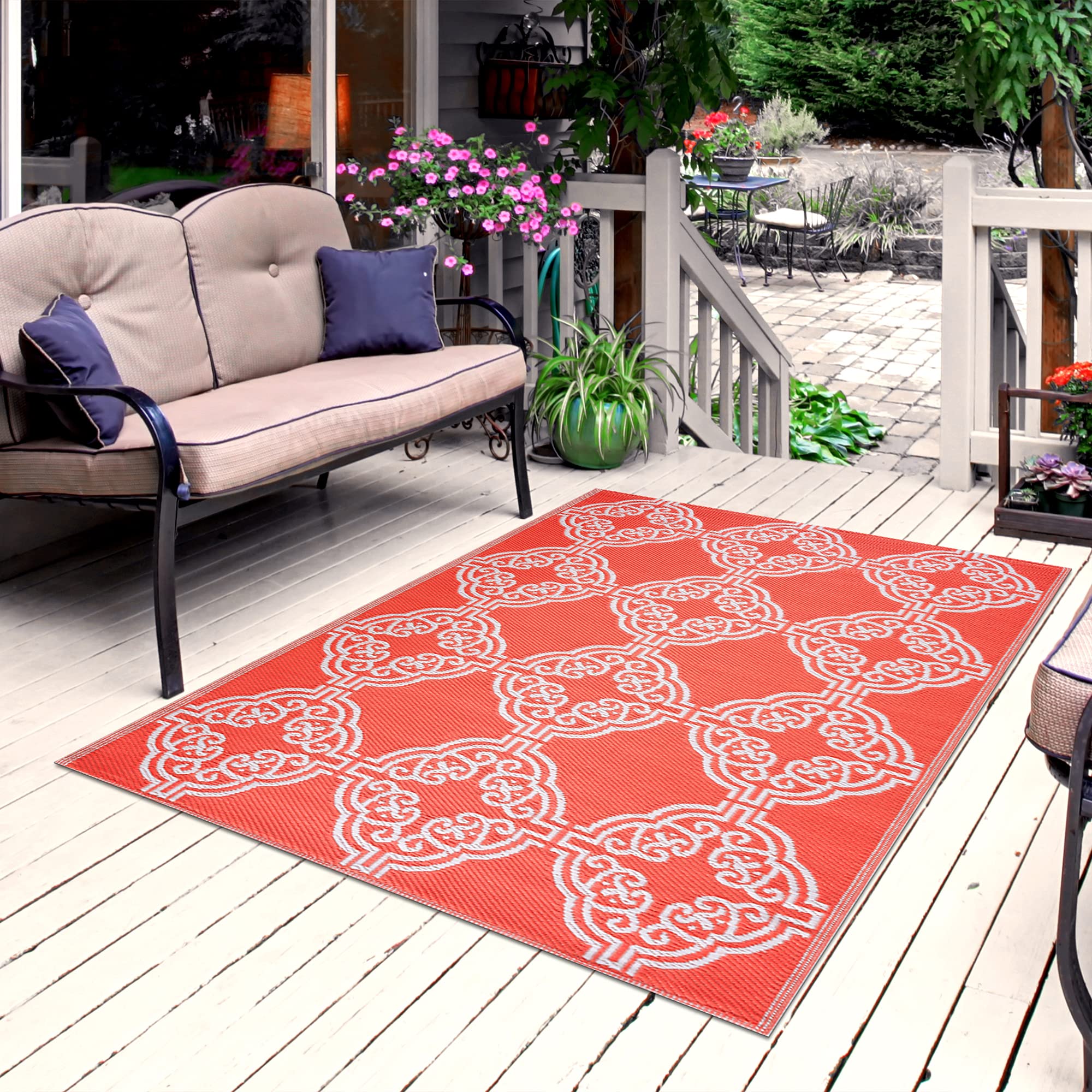 Crease-Free Reversible Indoor/Outdoor 100% Recycled Plastic Mat/Rug - Weather, Water, Stain, Fade and UV Resistant - Marrakech- 4'x6' - Orange&White