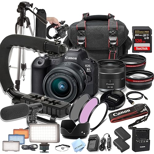 Canon EOS R6 Mark II Camera Bundle with 24-50mm + 128GB Extreme Speed Card, U-Grip, Microphone, LED Video Light, Spare Battery, Filter Kit, More (Extreme Pro-Bundle), Black (Renewed)