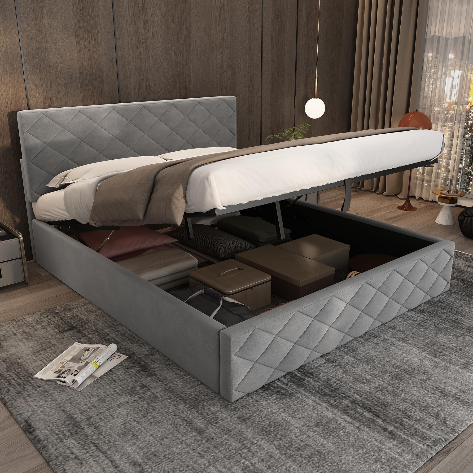 Łóżko 140x200 cm z hydraulicznym otworem i schowkiem na dole szare aksamitne łóżko podwójne ze wzmocnioną podstawą do głównej sypialni i mieszkania