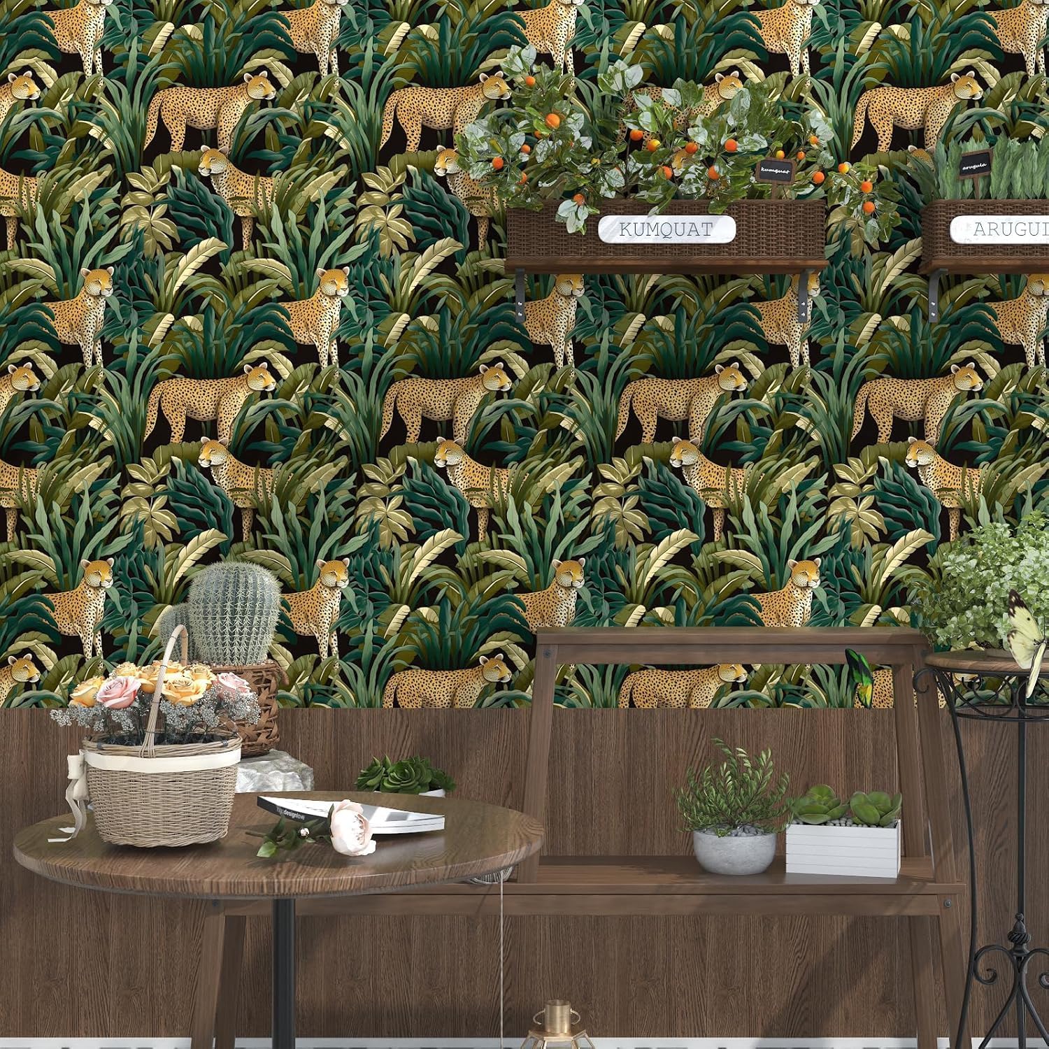 Leopard Peel and Stick Wallpaper Vintage Jungle Animal Contact Paper Tropical Flower Wall Mural Home Vinyl Waterproof Self Adhesive Removable Renter Friendly Wall Paper 17.5" x 393"