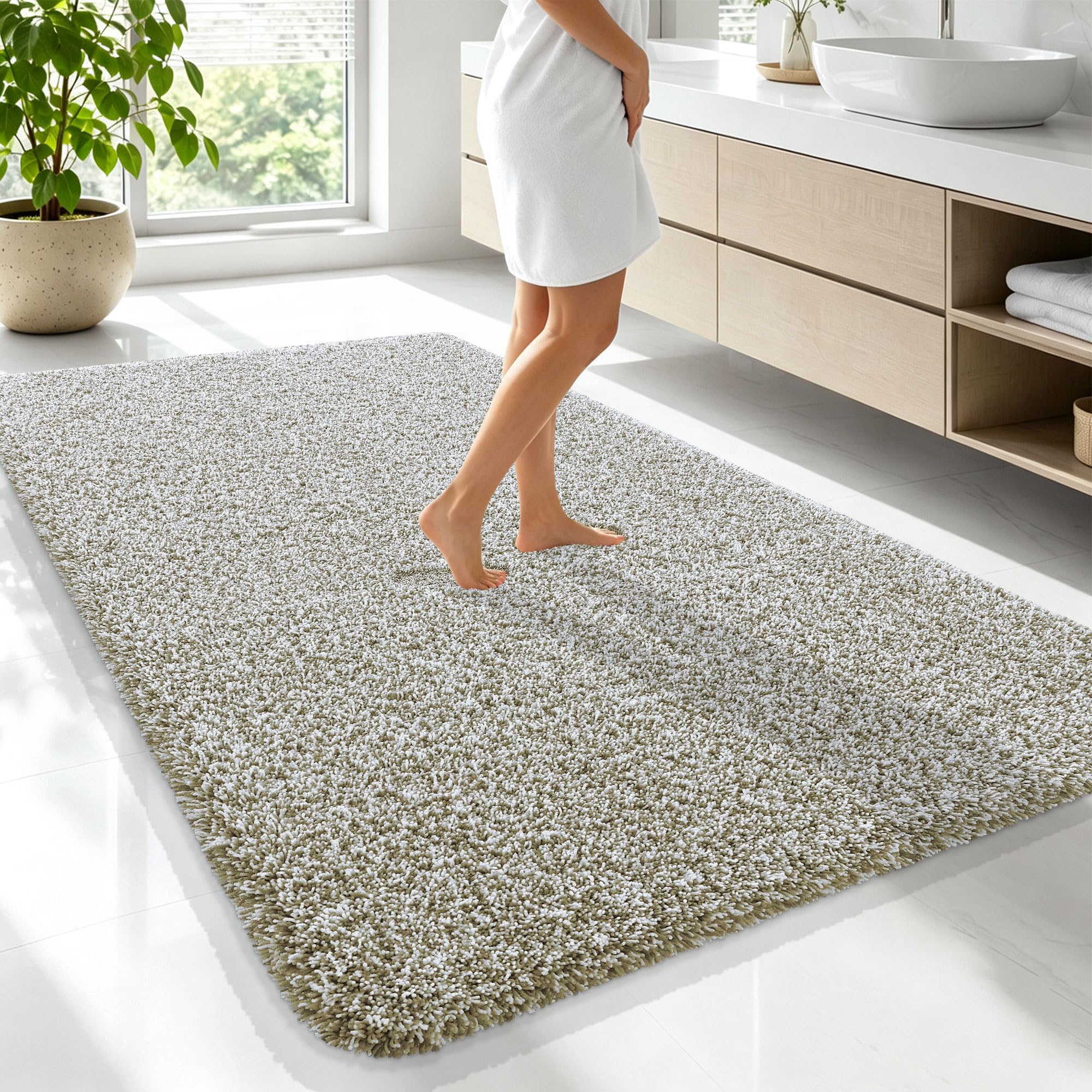 OLANLY Microfiber Bathroom Rugs 70x46, Quick Dry Mat, Moss Green and White