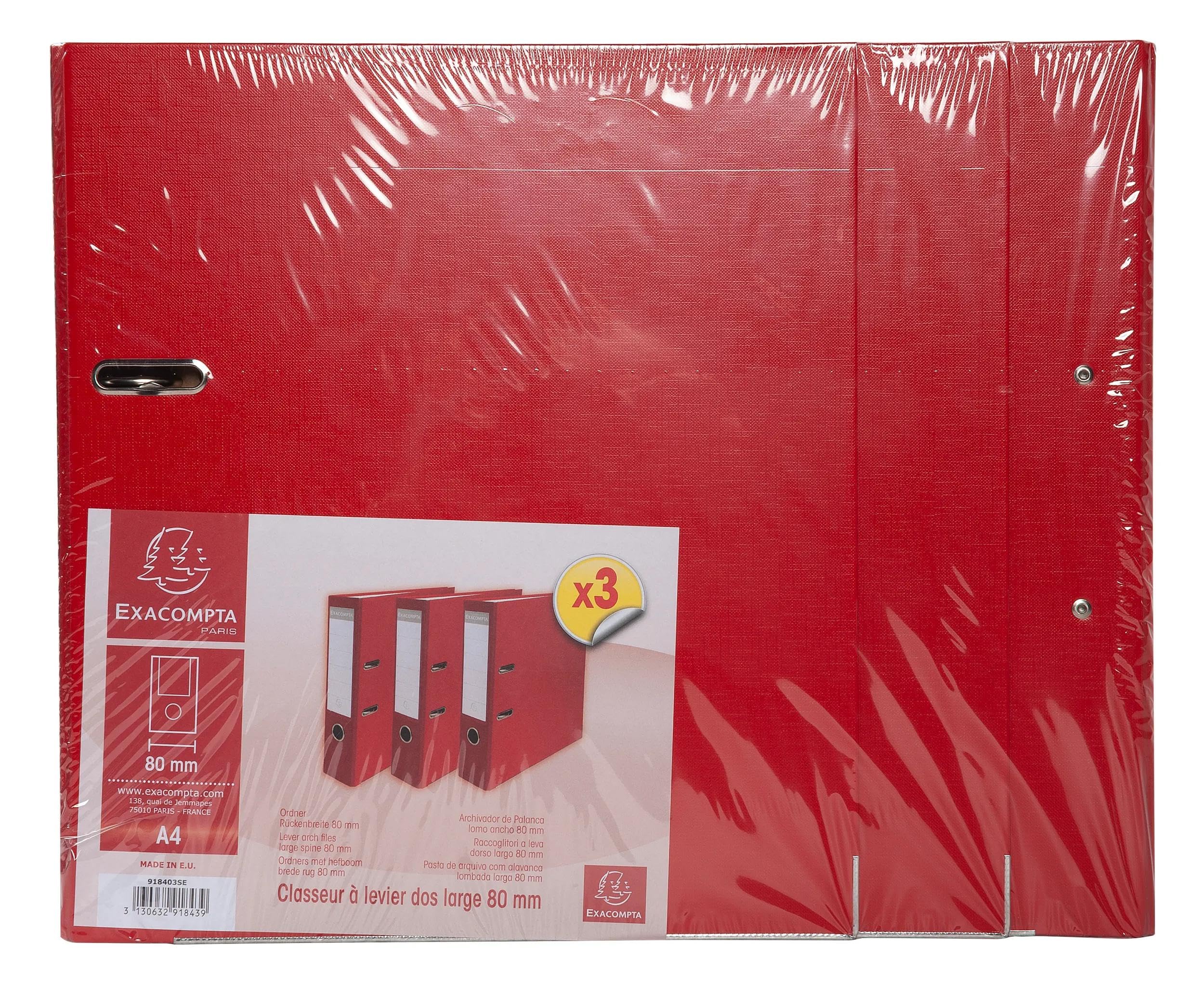 Exacompta - Ref. 918403SE – Karton mit 4 x 3 Aktenordnern, Rücken 80 mm, A4-Format, außen aus Polypropylen, innen Papier, Rot