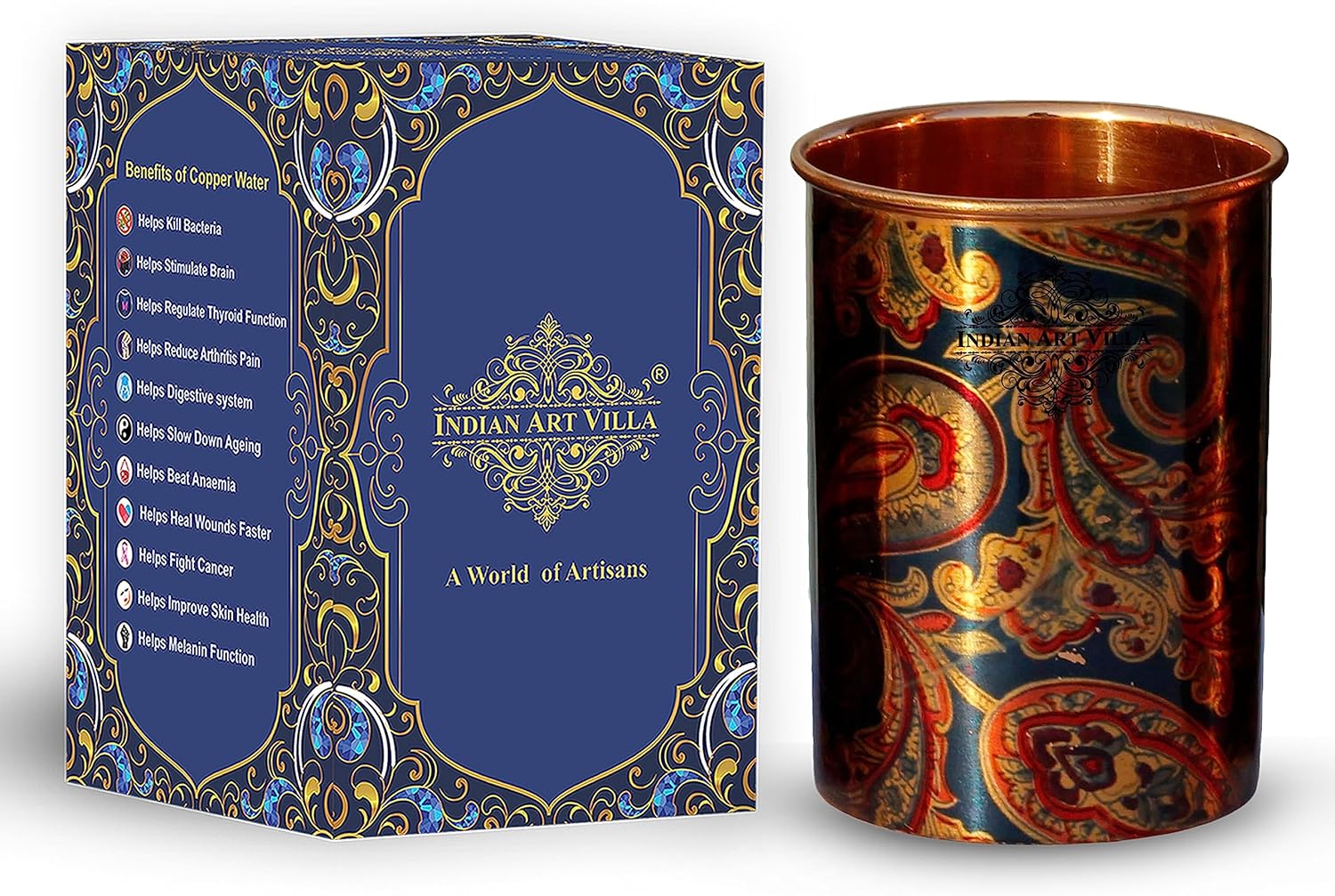 Indian Art Villa Printed Copper Glass Tumbler Cup, Drinkware & Serveware, 10 OZ, Blue