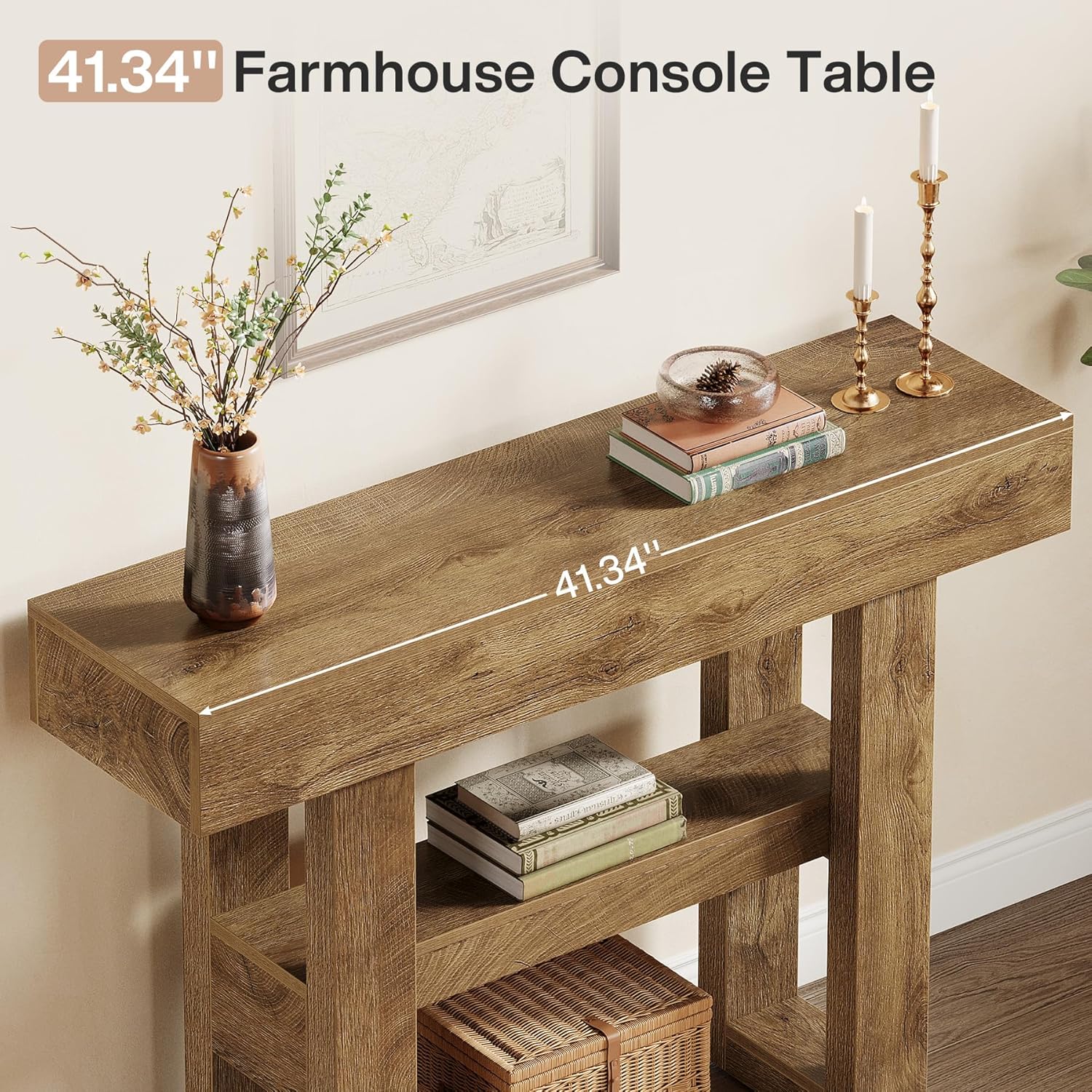 Tribesigns 41.34-Inch Farmhouse Console Table, 2-Tier Narrow Sofa Table Behind The Couch, Entryway Furniture with Storage Shelves for Hallway Foyer Living Room, Light Brown