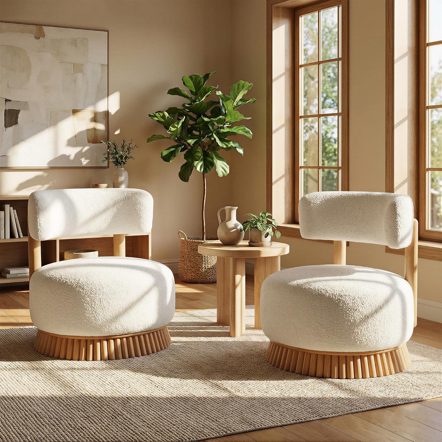 Christopher Knight Home Eloise Modern Accent Chair Set of 2, Boucle Upholstered Lounge Chair Indoor with Wooden Frame, Comfy Reading Chair for Bedroom, Light Beige+Natural