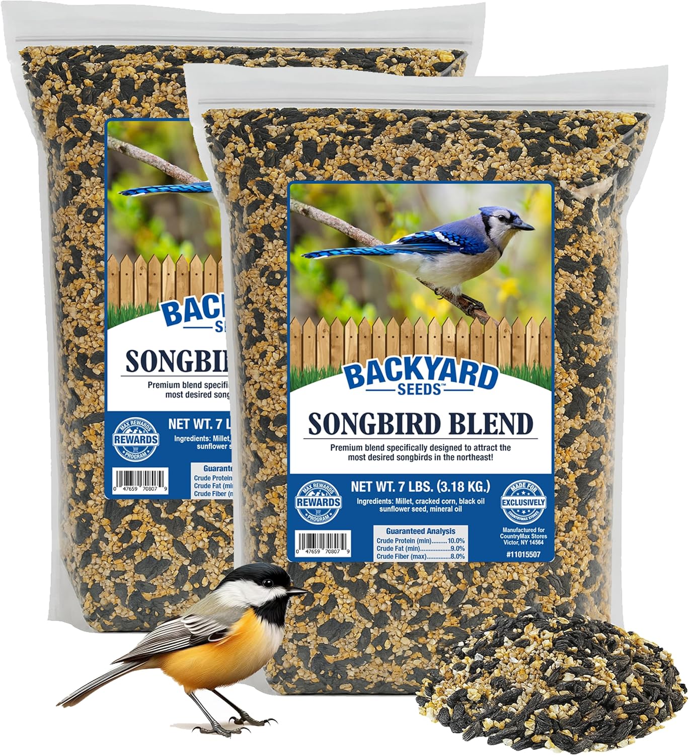 CountryMax Backyard Seeds Songbird Blend Wild Bird Seed – 50 lb Bag – Premium Mix with Sunflower Seeds, Safflower, Peanuts, Millet – Attracts Cardinals, Finches, Chickadees, and More