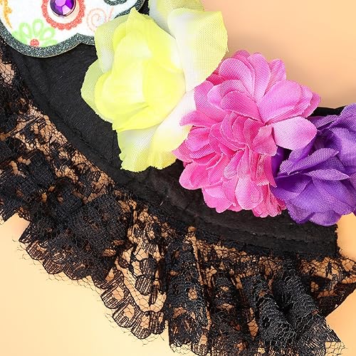 Miniatura 5 de Needzo Day of The Dead Costume Headband For Women, Dia De Los Muertos, With Sugar Skull and Flowers, Halloween, One Size Fits Most