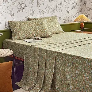 Wake In Cloud - Shabby Chic Bed Sheets, 4-Piece Sheet Set, Floral Flower Pattern Printed Country Coquette Cottage Aesthetic Bedding, Deep Pocket, Olive Green, Queen Size