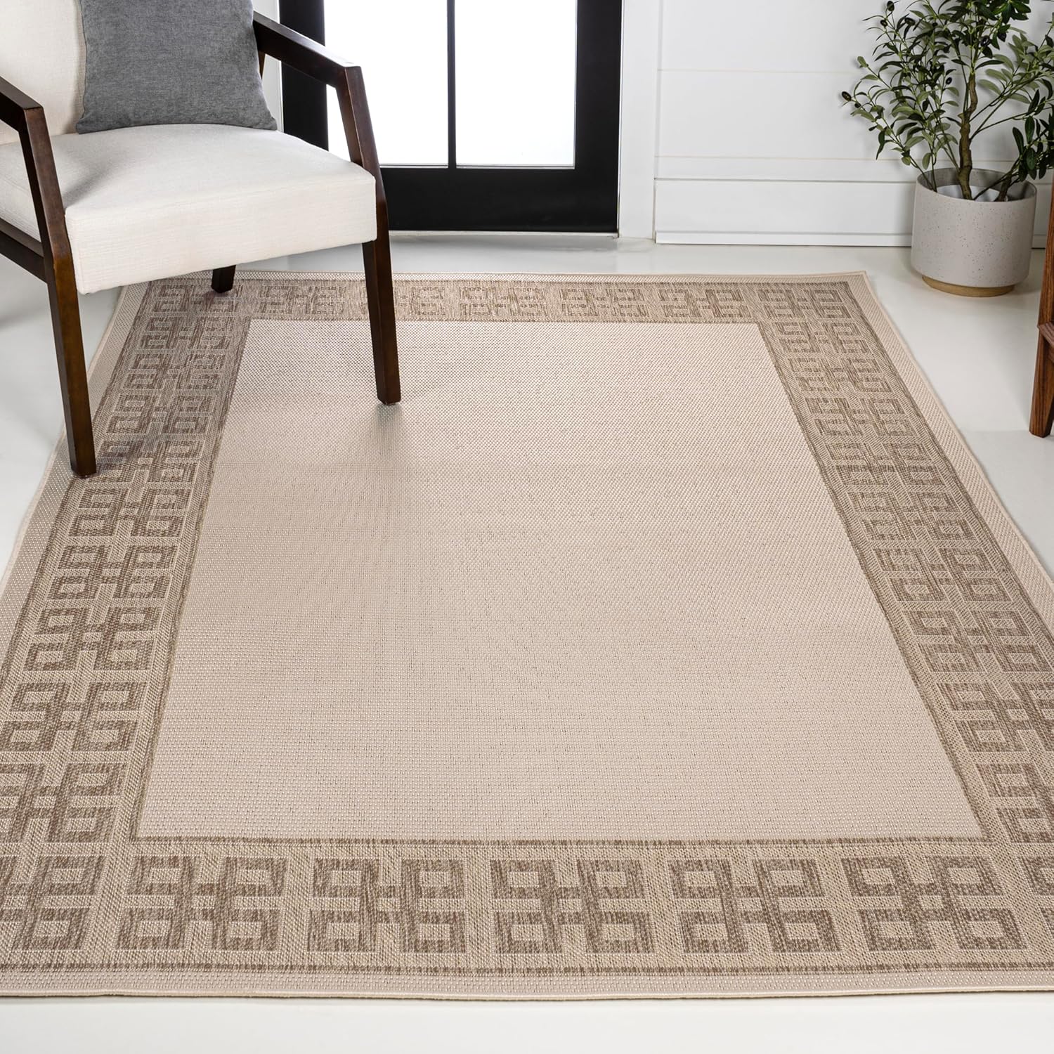 JONATHAN Y Geometric Border Indoor Outdoor Area Rug 8X10 Cream/Beige, Athena Classic for Backyard, Patio, Porch, Easy-Cleaning, High Traffic, Pet-Friendly, Non-Shedding (TSN212A-8)