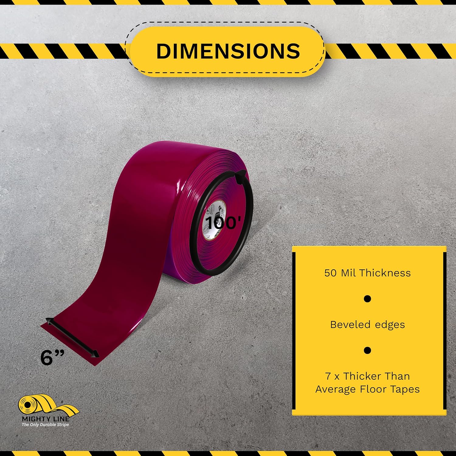 Mighty Line Solid Color 5S Floor Marking Tape for Industrial, Caution, Warning, Safety, Warehouse, Gym, Dance Floor, Line Set Marker, Flooring, Heavy-Duty Adhesive, 6 inch Wide, 100' Roll, Purple