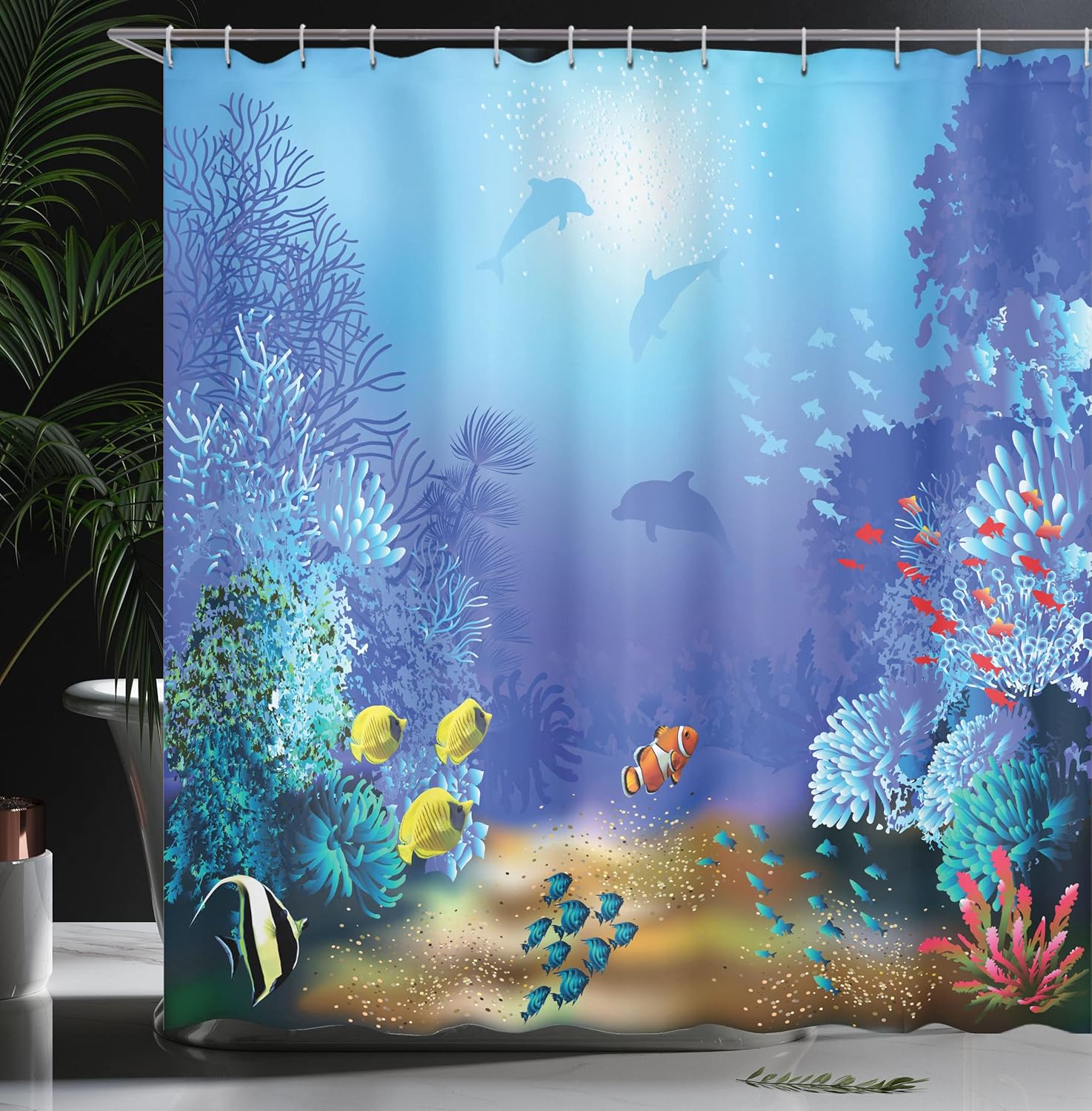 Ambesonne Underwater Shower Curtain, Underwater Coral Reef Polyps Algae Dolphins and Goldfishes Bubbles in Deep Ocean Print, Cloth Fabric Bathroom Decor Set with Hooks, 69" W x 70" L, Blue