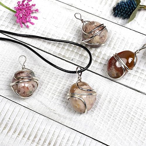 Miniatura 4 de Collar de cristal de ágata de flores, colgante envuelto en alambre de ágata de flor de cerezo. Cristal curativo para calma, estabilidad y