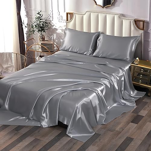 Miniatura 33 de Sfoothome Juego de sábanas de satén plateado, sábanas de satén tamaño individual, juego de sábanas de satén sedoso de bolsillo profundo con 1 sábana