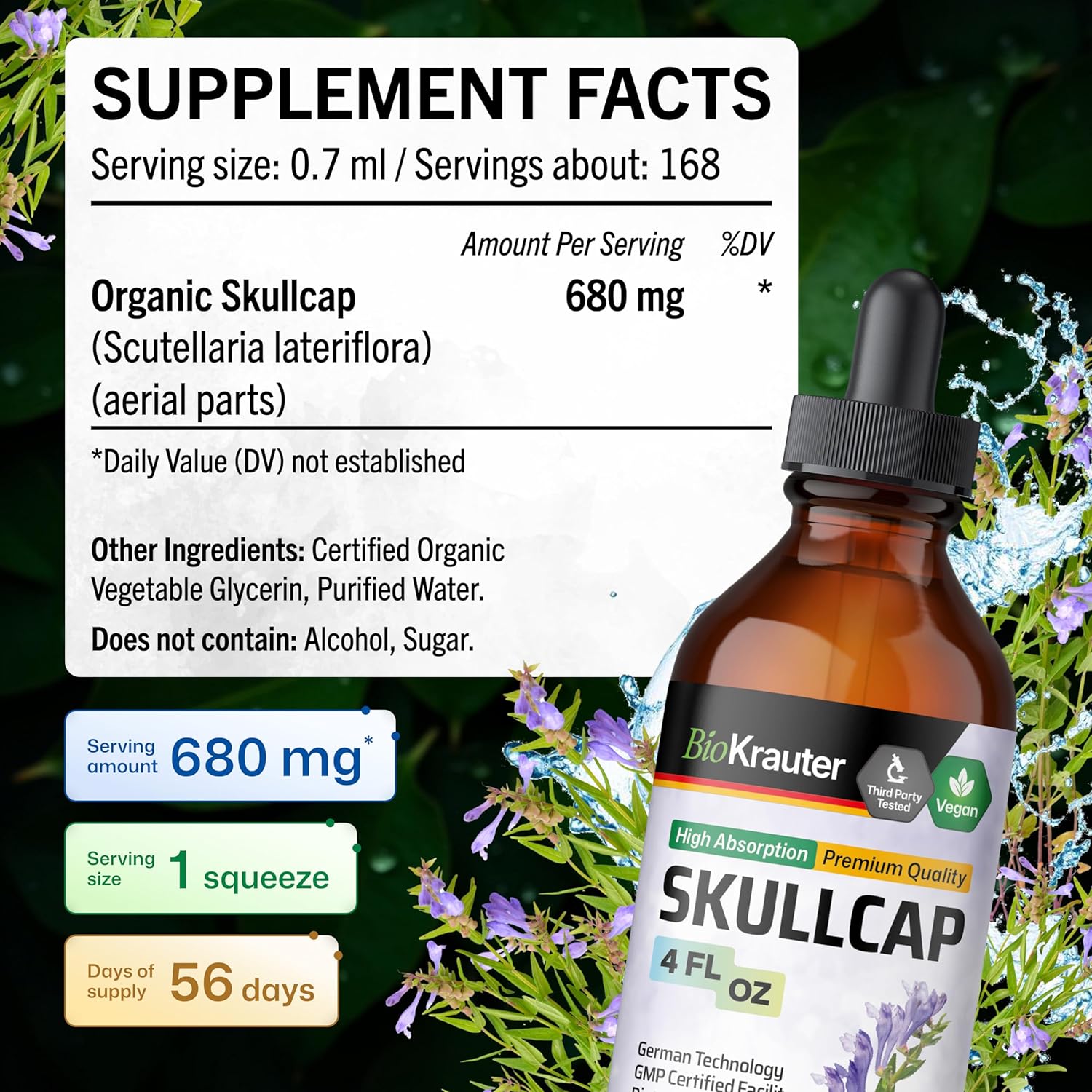 BIO KRAUTER® Skullcap Tincture for Calm & Relaxation - Liquid Skullcap Herb 4 Fl.Oz 56 Days of Supply - Pure & Vegan Sleep Supplement - Calm Drops 680 mg per Serving Alcohol & Sugar Free