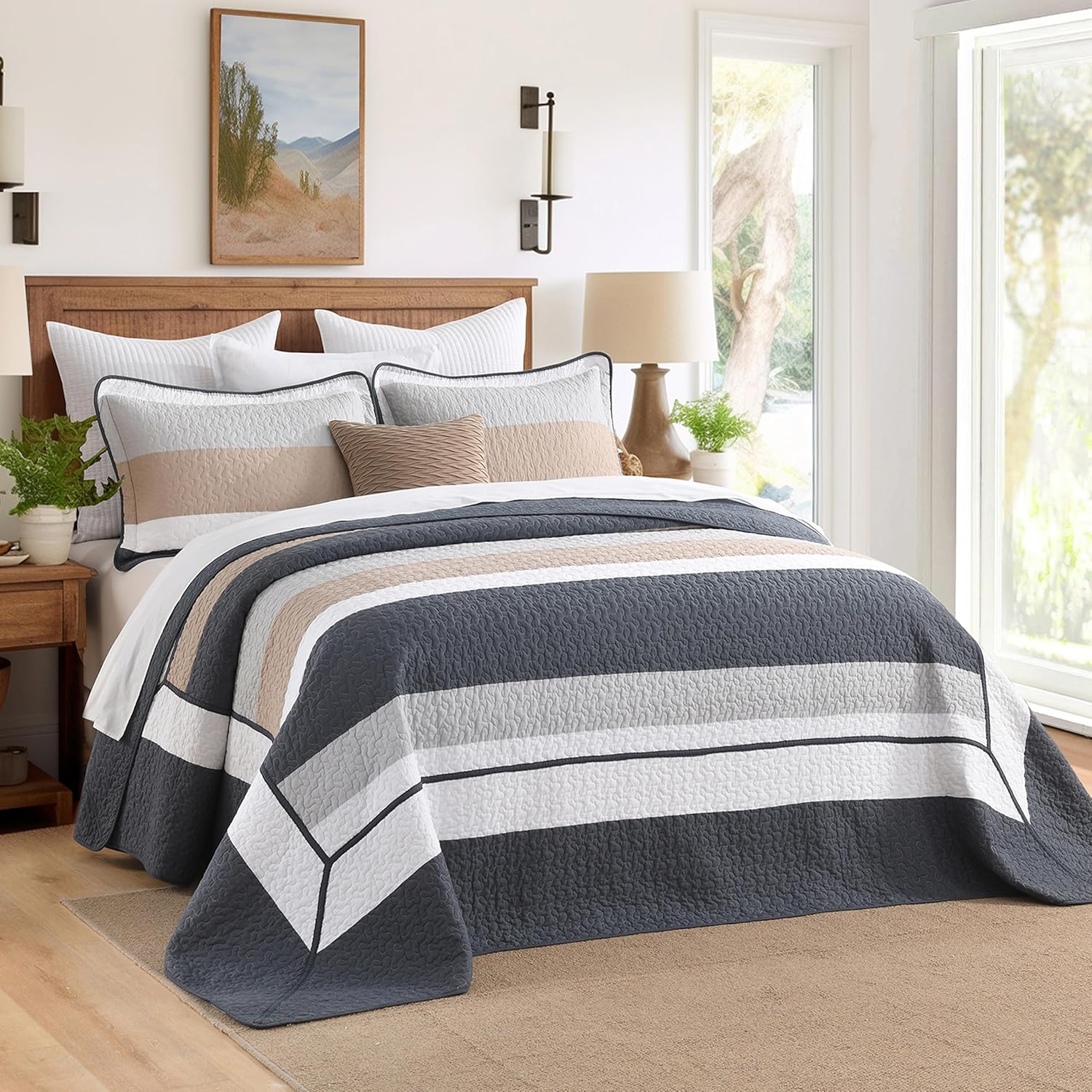 Striped Oversized King Bedspread 128"x120" - 100% Cotton Lightweight Oversized King Quilt with 2 Pillow Shams, Modern Reversible Quilted Bedspreads Coverlet in Navy Gray White, 3 Pieces