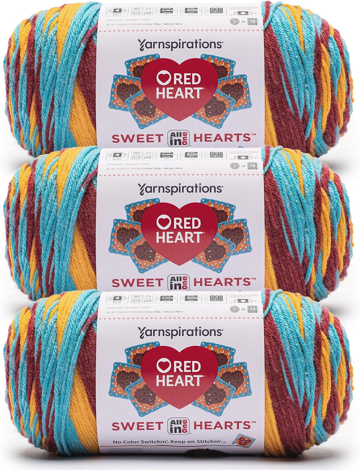 Red Heart All in One Sweet Hearts Primary Yarn - 3 Pack of 250g/8.8oz - 100% Acrylic - 4 Worsted (Medium) - 440 Yards - Knitting/Crochet