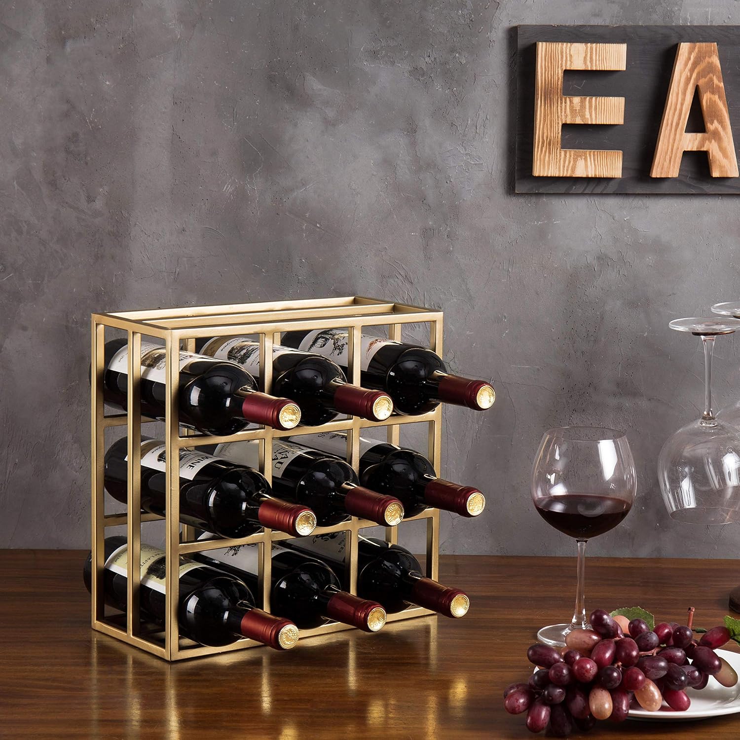 MyGif Gold Wine Rack for 9 Bottles, Modern Tabletop Freestanding Wine Holder, Horizontal Storage for Kitchen, Bar & Dining Room, Rustic Industrial Decor