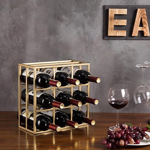 Miniatura 2 de MyGif Estante de vino de latón para 9 botellas, soporte de mesa de metal moderno, almacenamiento horizontal para cocina, bar y comedor, decoración