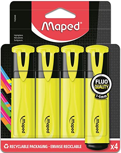 Maped - Surligneurs Fluo’Peps Classic - Longue Durée pour Usage Scolaire et Professionnel - Pack de 4 Surligneurs Jaune Fluo