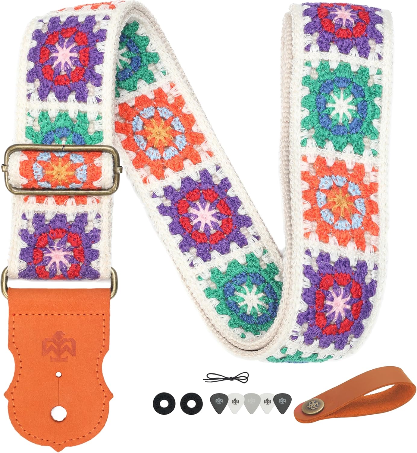 Guitar Strap - Double Layer Brushed Real Cowhide Ends,Safe Durable,2in,Soft Adjustable Guitar Straps for Acoustic&Electric Guitars,Bass,Ukulele,Guitarists Gift Set,Sunflower Embroidery