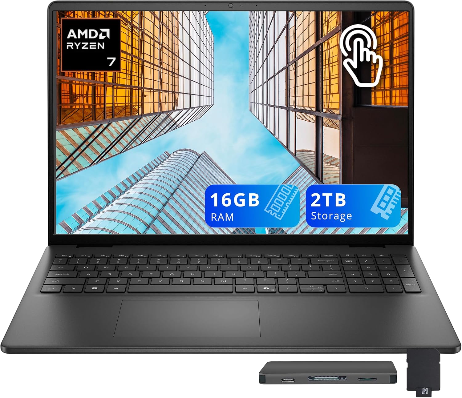 Dell 16" FHD+ Touchscreen Business Laptop, AMD Ryzen 7 250 Processor, 16GB DDR5, 2TB Storage(1TB SSD+1TB Docking Station Set), AMD Radeon Graphics, Backlit Keyboard, HD Camera, Wi-Fi 6, Win 11, Black