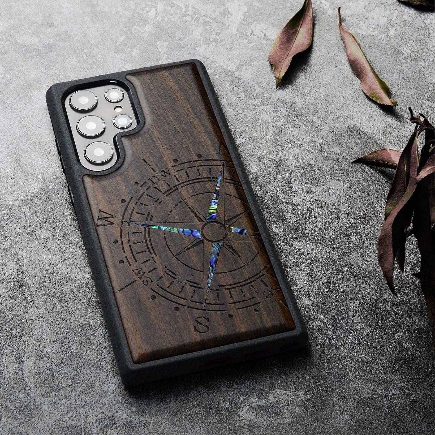 Carveit Designer Wooden Case for Samsung Galaxy S24 Ultra Case [Wood Engraving & Shell Inlay] Compatible with Wireless Chargers S24 Ultra (Incomplete Compass-Blackwood)