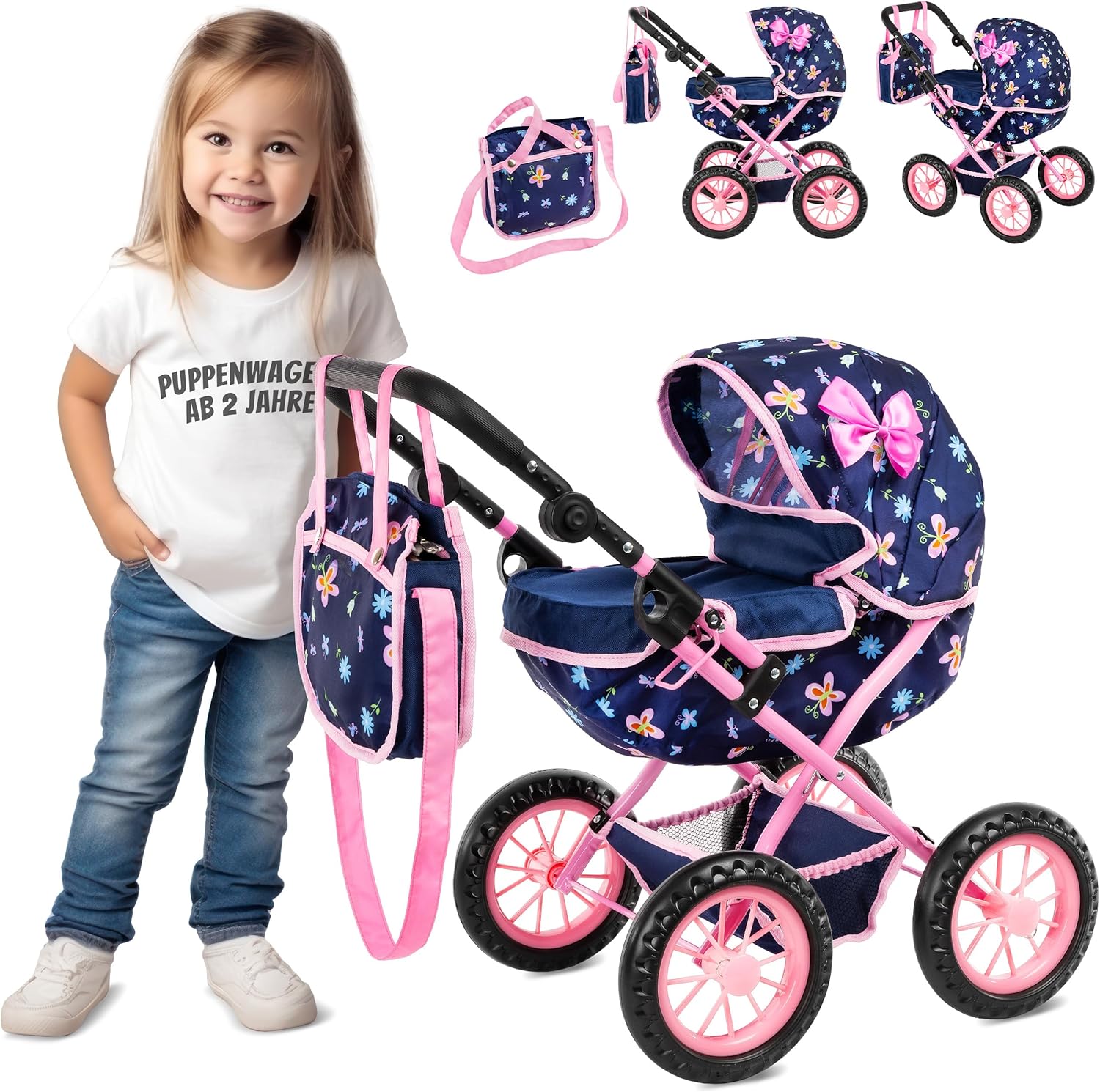 Adjustable Baby Doll Stroller Toy with Foldable Hood | Lightweight Design for Dolls Up to 16 Inches | Quiet Foam Wheels, Machine-Washable Bassinet Pram, Indoor and Outdoor Play, Model KP0262I