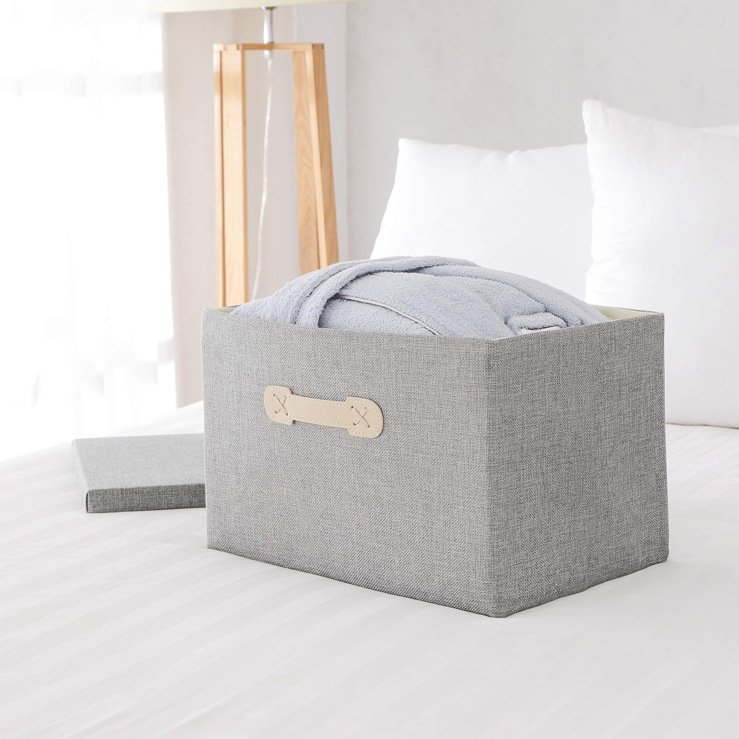 Enzk&Unity Linen Fabric Storage Baskets with Lids Foldable Storage Box with Handle Home Organizer for Shelf, Closet, Nursery, Bedroom, Living Room, Office, 2 Pack, Grey