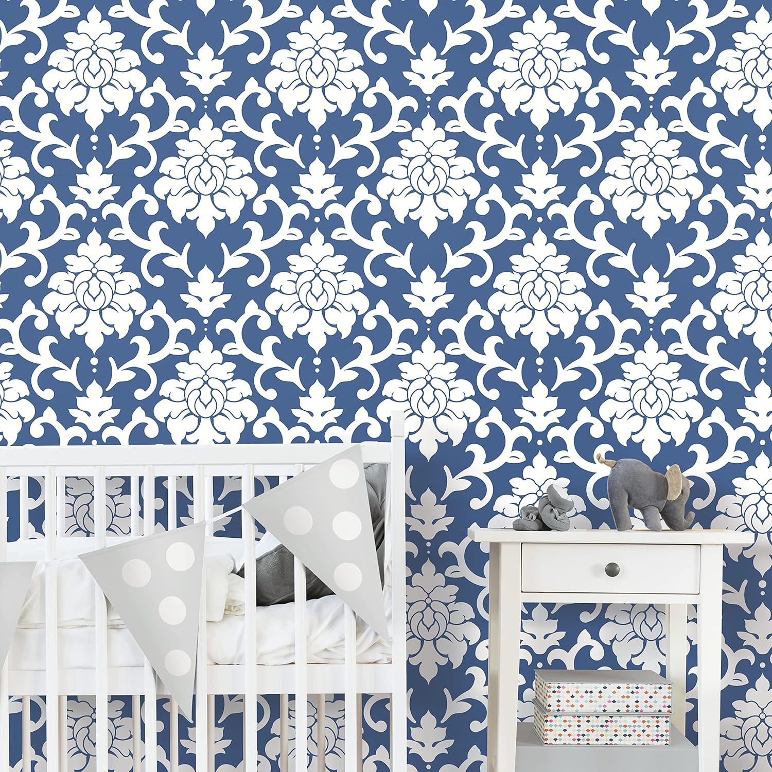 RoomMates RMK12119WP Damask Peel and Stick Wallpaper, Indigo, White