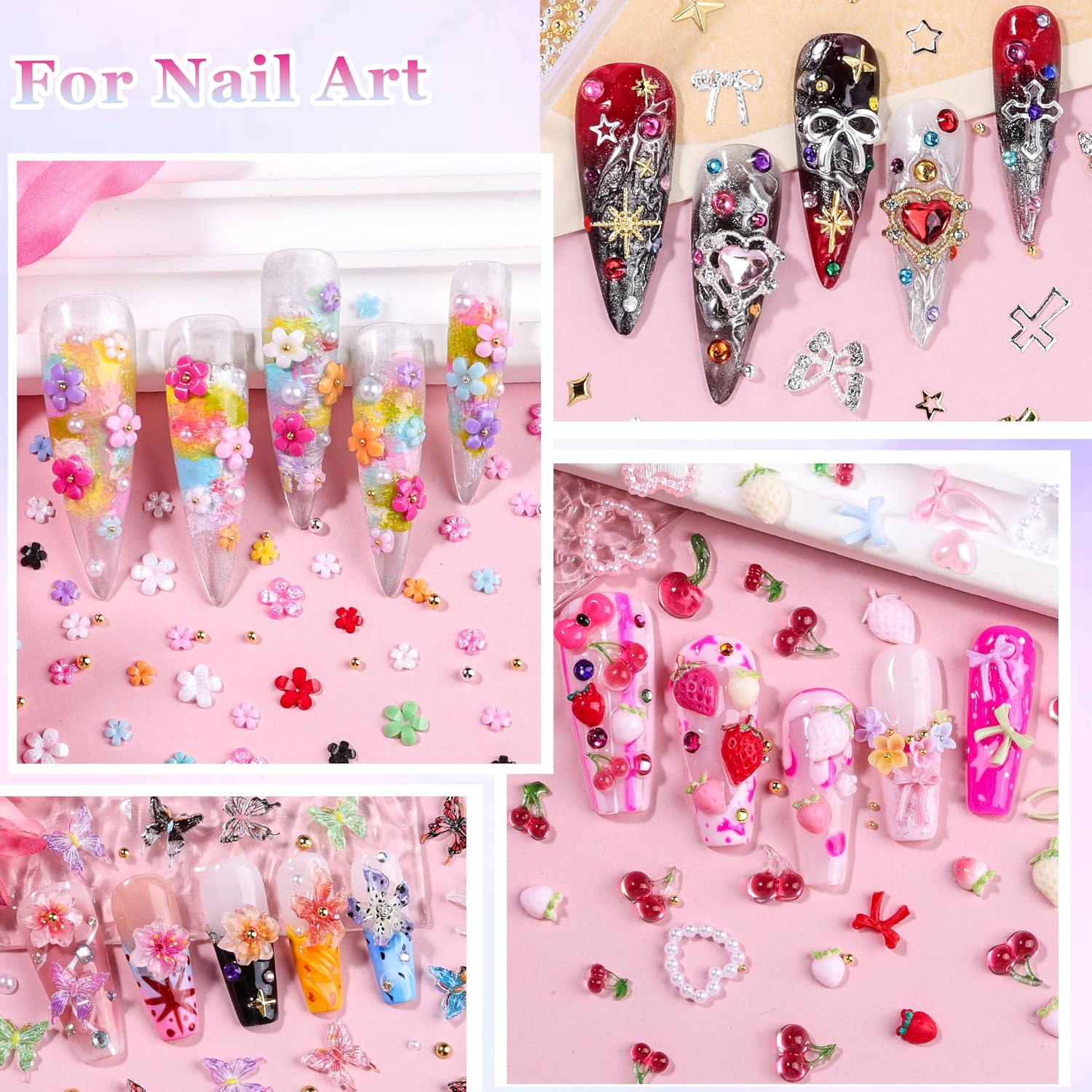 8000Pcs 3D Nail Charms and Nail Gems, Mixed Shapes and Colors Nail Charms Gold Silver Cross Star Caviar Beads Pearls Pink White Flowers Bows Charms with Tweezers for Nail Art Design Junk Case
