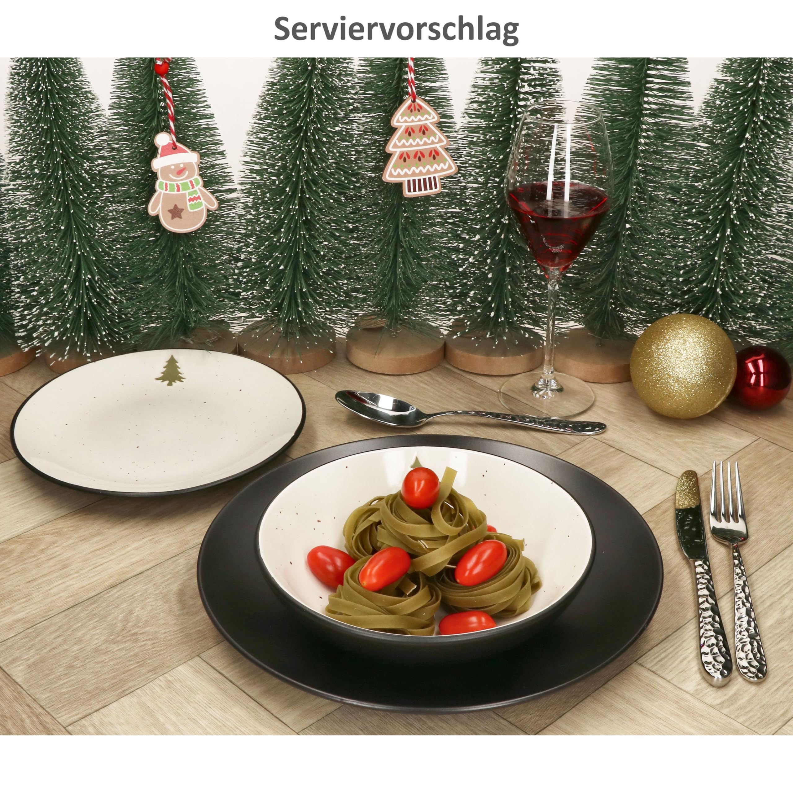18tlg Tellerset Christmas Panther I Geschirr-Set aus Steingut I Creme mit Tanne & matt schwarzer Unterseite I je 6x Kuchenteller, 6x Suppenteller & 6x Speiseteller I Weihnachten