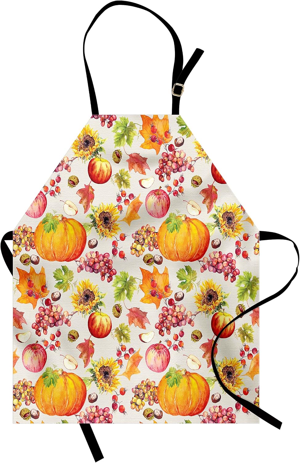 Lunarable Thanksgiving Apron, Fruits and Vegetables Pumpkin Apples Grape with Autumn Leaves in Watercolors, Unisex Kitchen Bib with Adjustable Neck for Cooking Gardening, Adult Size, Orange