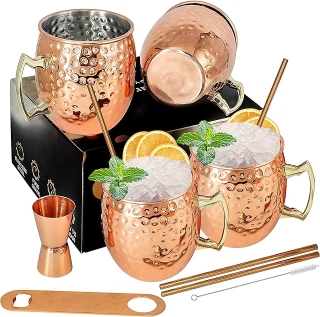 Moscow Mule Copper Mug Set of 4 Copper Moscow Mule Mugs 18oz Plated Stainless Steel Cups with 1/0.5oz Jigger Perfect for Cocktails Cold Drinks Barware