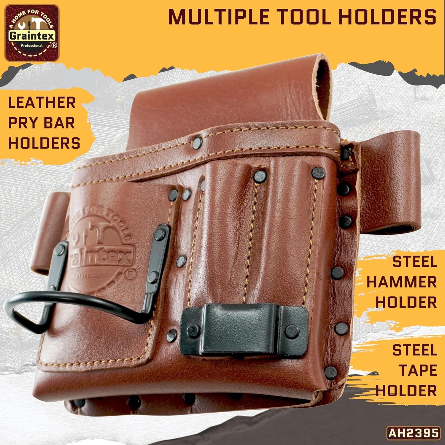 Graintex Ambassador Series Multi Tool Pouch, Top Grain Leather, Small Leather Pouch, Hammer Holder, Steel Tape Measure Clip, Multipurpose Tool Belt, Durable Tool Bag for Professionals