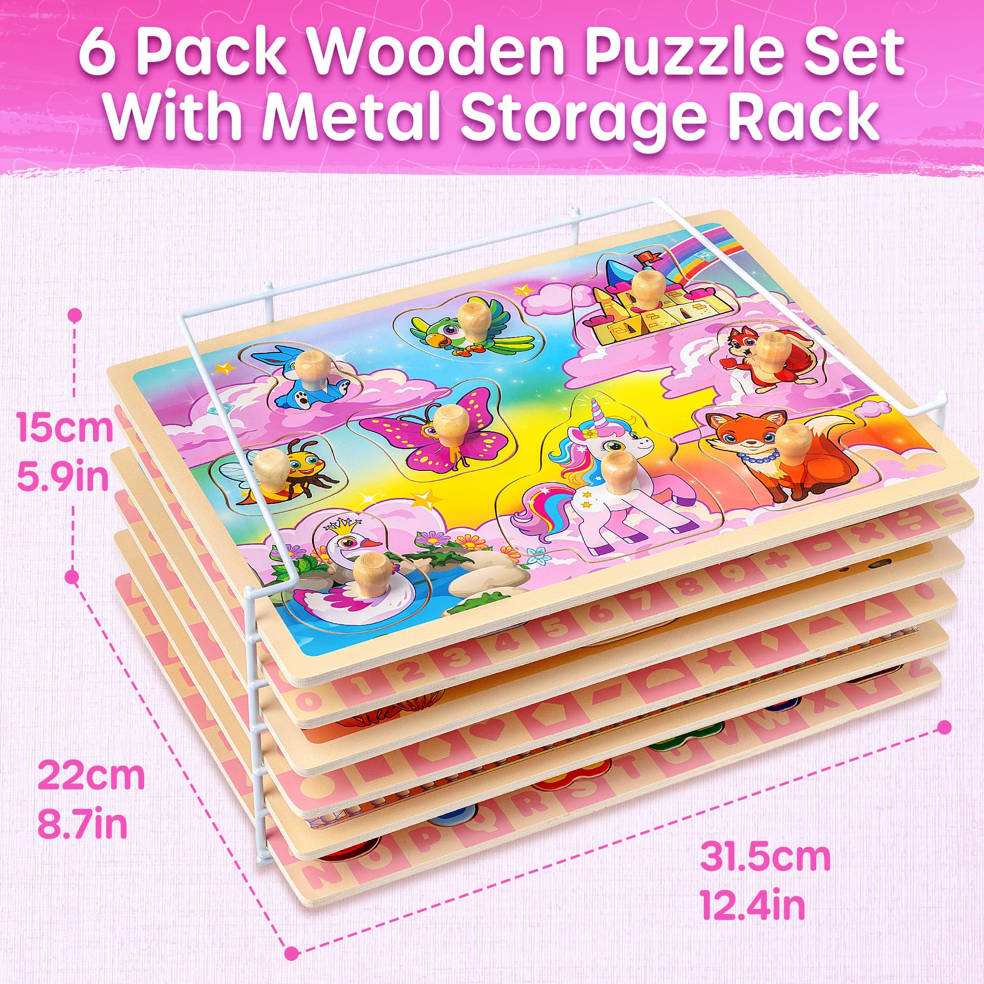 SYNARRY - Holzpuzzle für Kleinkinder 1-3 Jahre alt, 6 Pack 1-3 mit Regal, Alphabet, Zahlenform, Einhorn, Prinzessin, Meerjungfrau, Tiere, Weihnachtsspielzeug