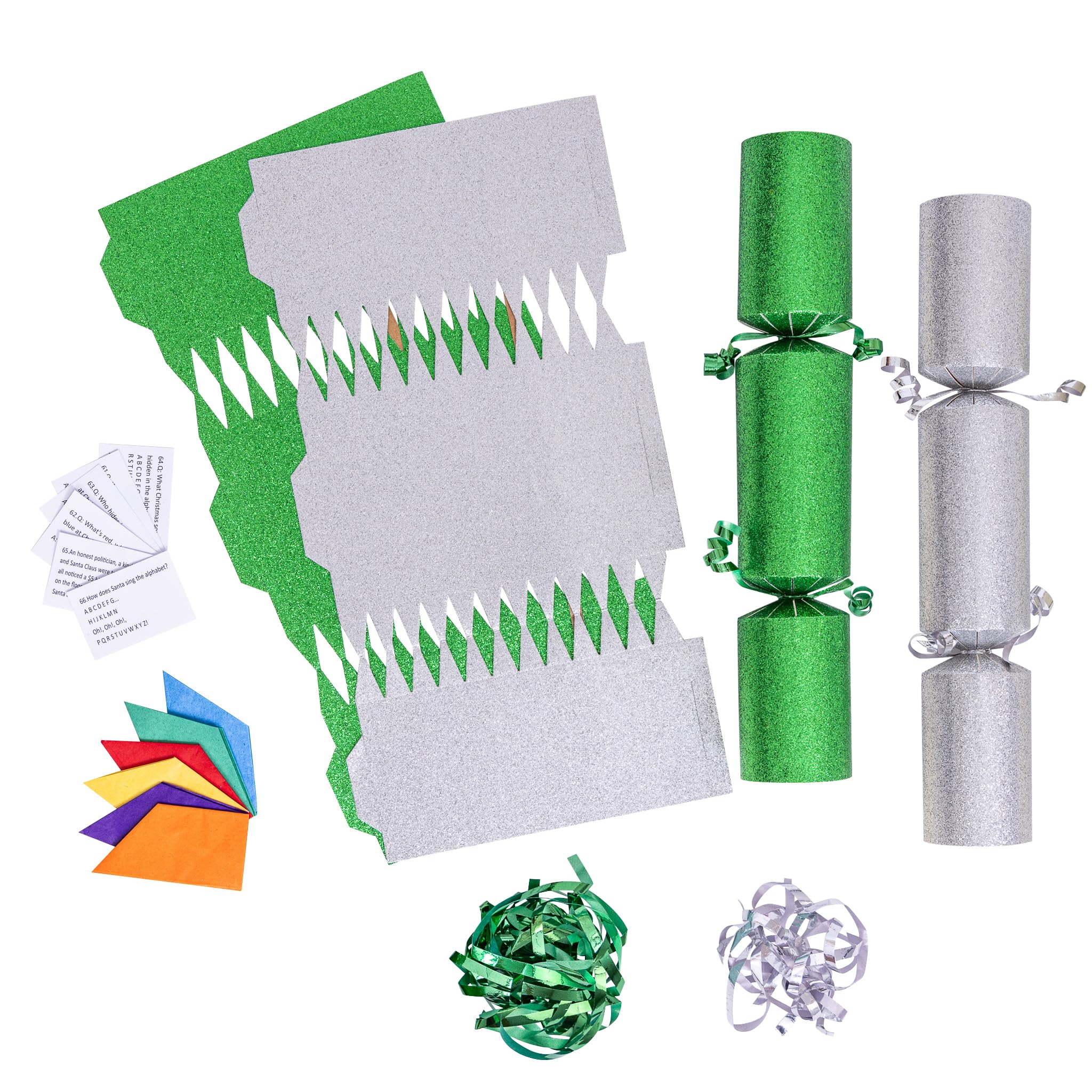 evelay 12 Make Your Own Christmas Cracker Kit DIY Silver & Green Glitter Crackers Hats Snaps Jokes (Silver, Green)