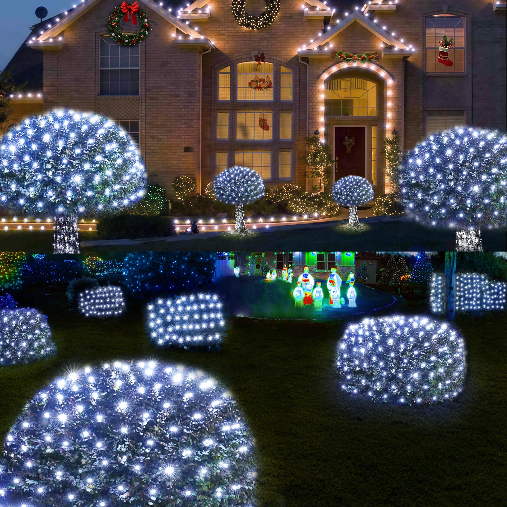 Luci natalizie a energia solare, 360 LED, 3,5 m x 2,1 m, bianco freddo, luci natalizie con telecomando, 8 modalità, timer, impermeabile e robusto, filo verde scuro per prato, cespugli, alberi,