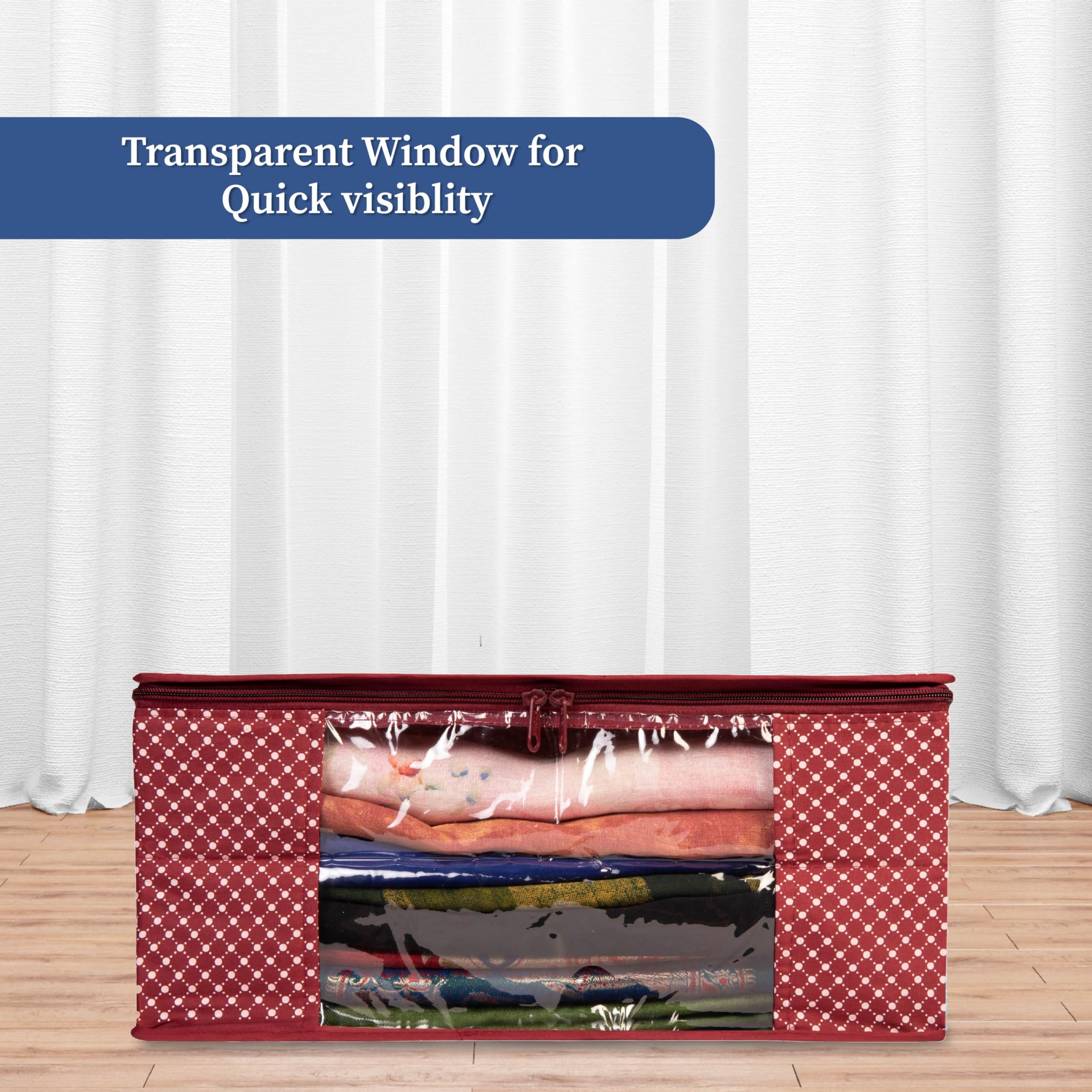 Homestrap Cotton Quilted Large Saree Cover Bag/Wardrobe Organiser with Transparent Window - Maroon - Pack Of 2 1