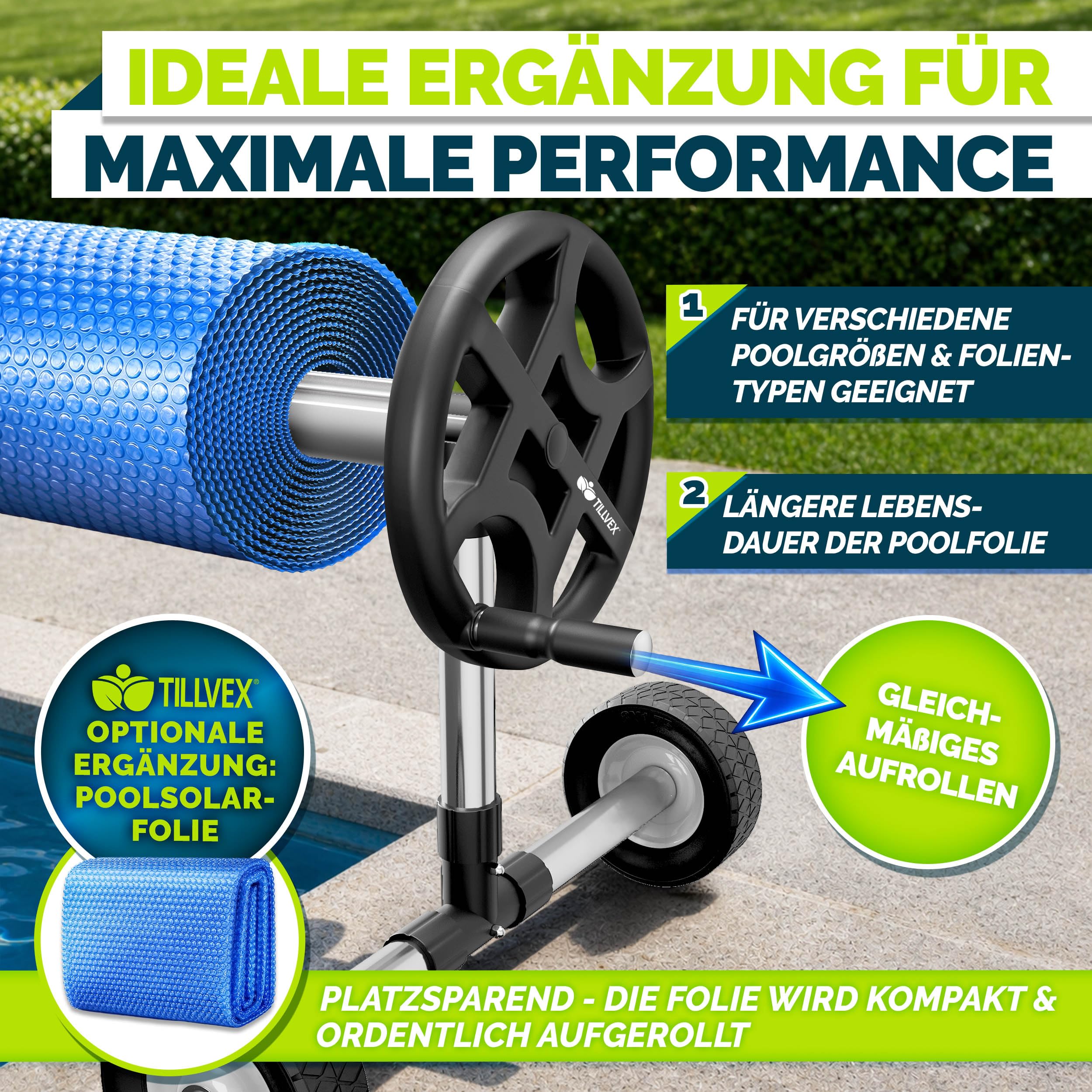 tillvex Pool Aufroller Premium 3-5,70 m mit Vollgummireifen inkl. Thermometer & Bänder | Aufrollsystem für Solarfolie | Aufrollvorrichtung für Poolplane & Abdeckung | witterungsbeständiges Material