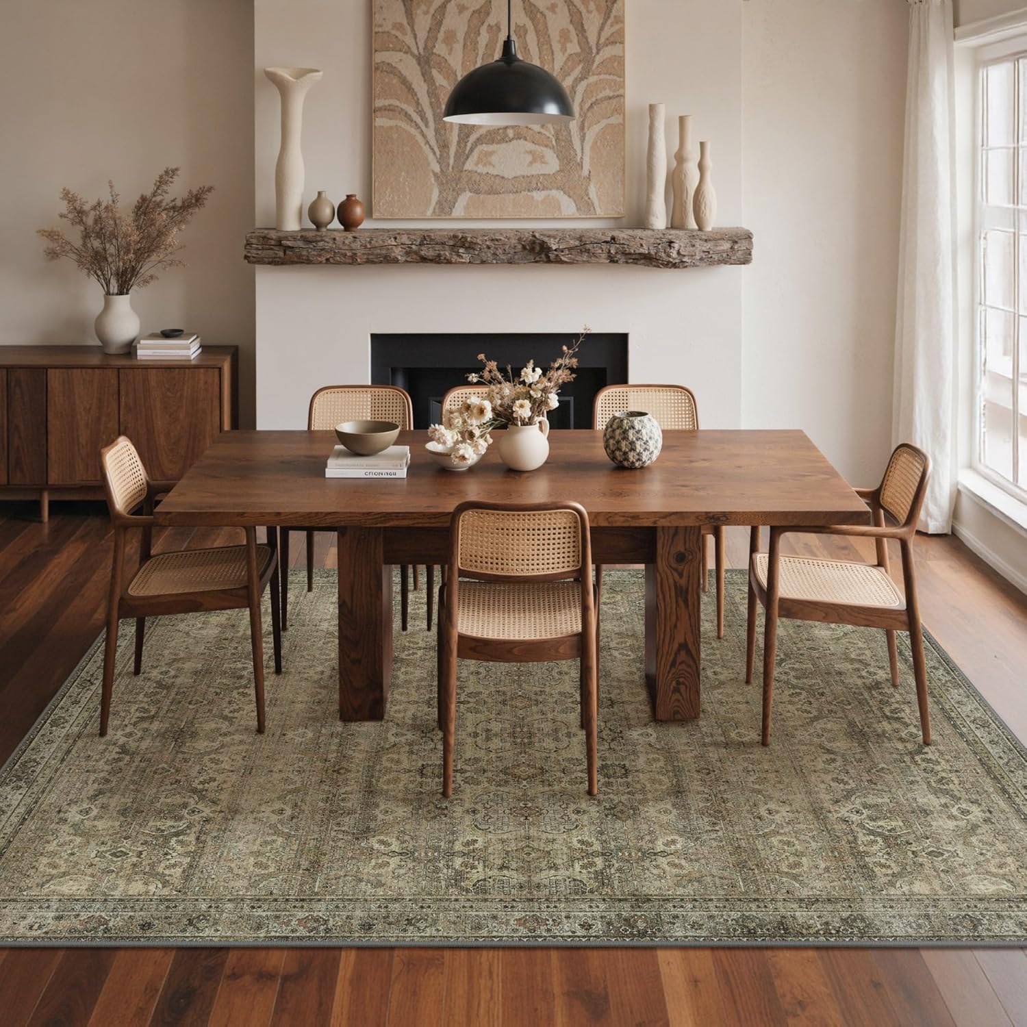 GENIMO 9x12 Area Rugs for Living Room, Machine Washable Non Slip Vintage Rugs, Low Pile Lightweight Chenille Print Rug for Bedroom, Dining Room, Home Office, Green Khaki - Image 4