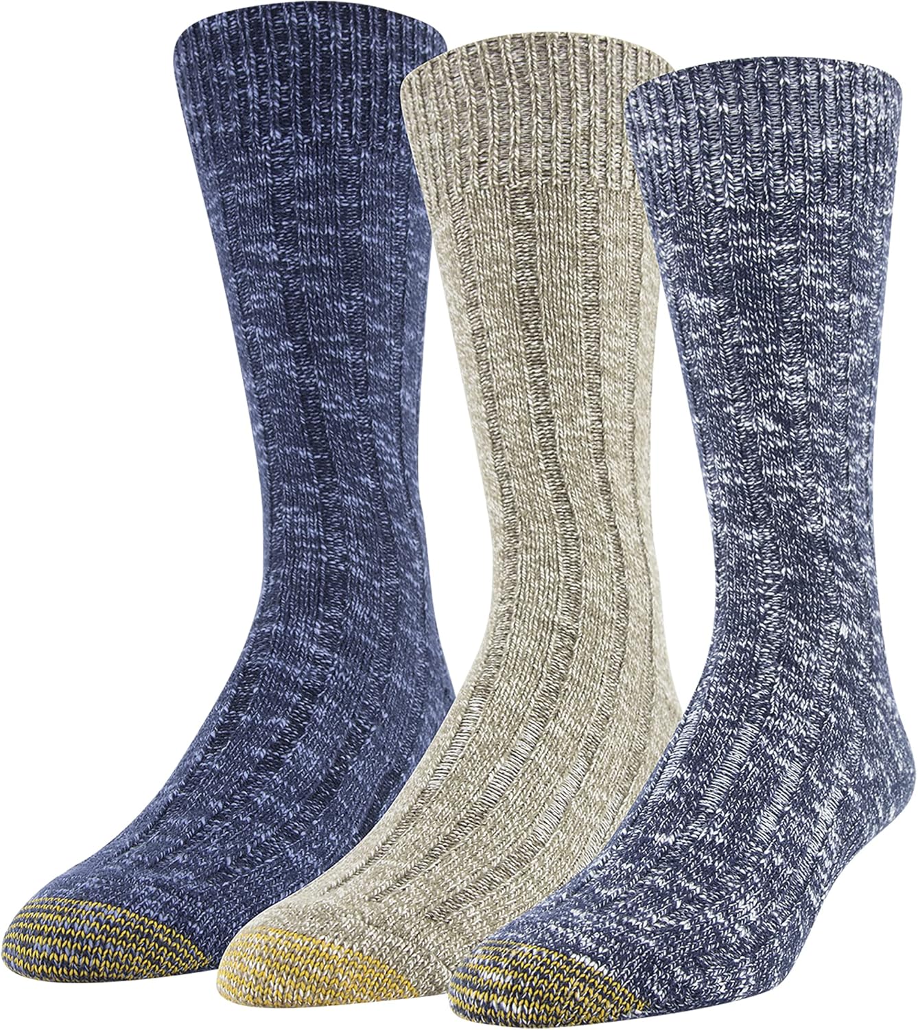 GOLDTOE Men's Soft Slub Ribbed Crew Socks, 3Pairs, Marbled Navy/Taupe Marl/Indigo