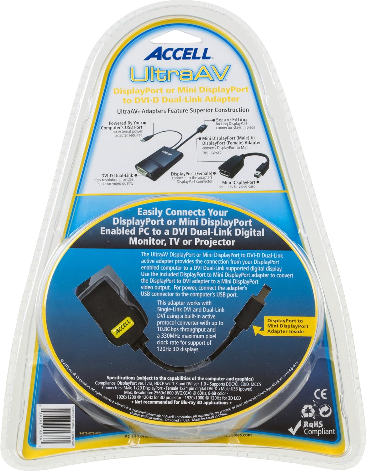 Accell mDP/DP to DVI Adapter - DisplayPort to DVI-D Dual-Link Active Adapter with mDP-DP Adapter - 2560x1600 (WQXGA) @60Hz, 1920x1080 @120Hz in 3D
