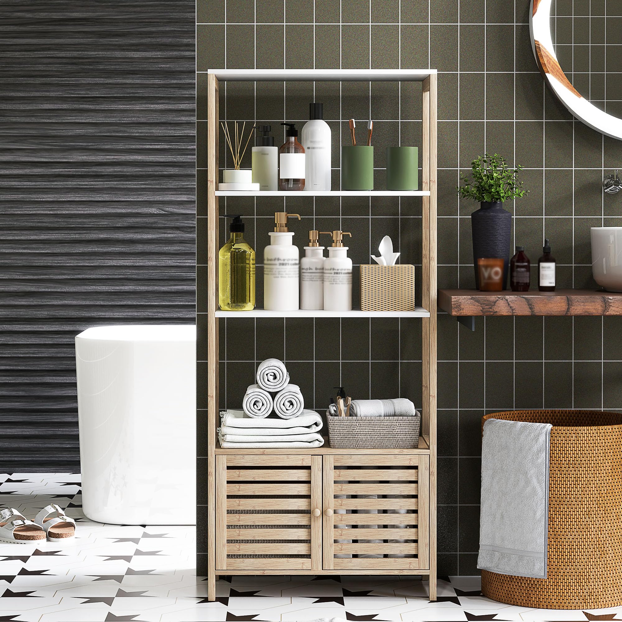 HOMCOM Estantería de Baño de Bambú con 3 Estantes Abiertos Estantería de Almacenaje con Puertas de Lamas 63x30x138 cm Natural y Blanco