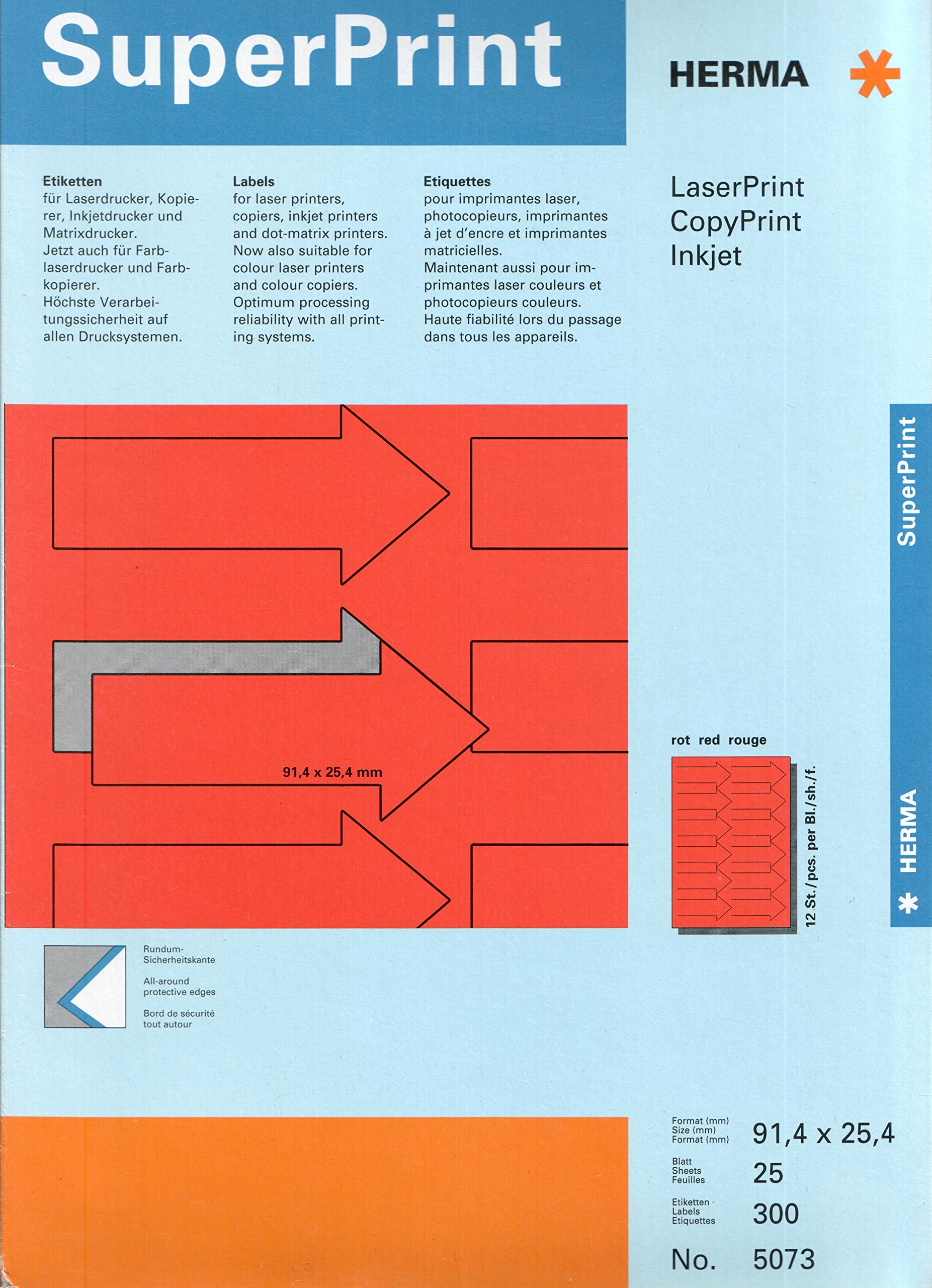 HERMASuperprint Multifunction Red Arrow Shaped Labels 91.4 x 25.4 - 12 per Sheet, 25 Sheets, 300 Arrows