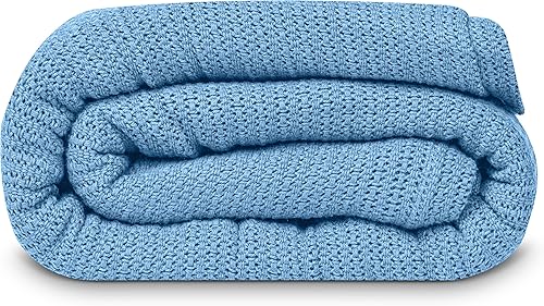 Linteum Textile Supply Manta de tejido leno azul, tamaño Queen 100% algodón, ligera, cálida, esponjosa, suave y duradera, manta de cama premium y