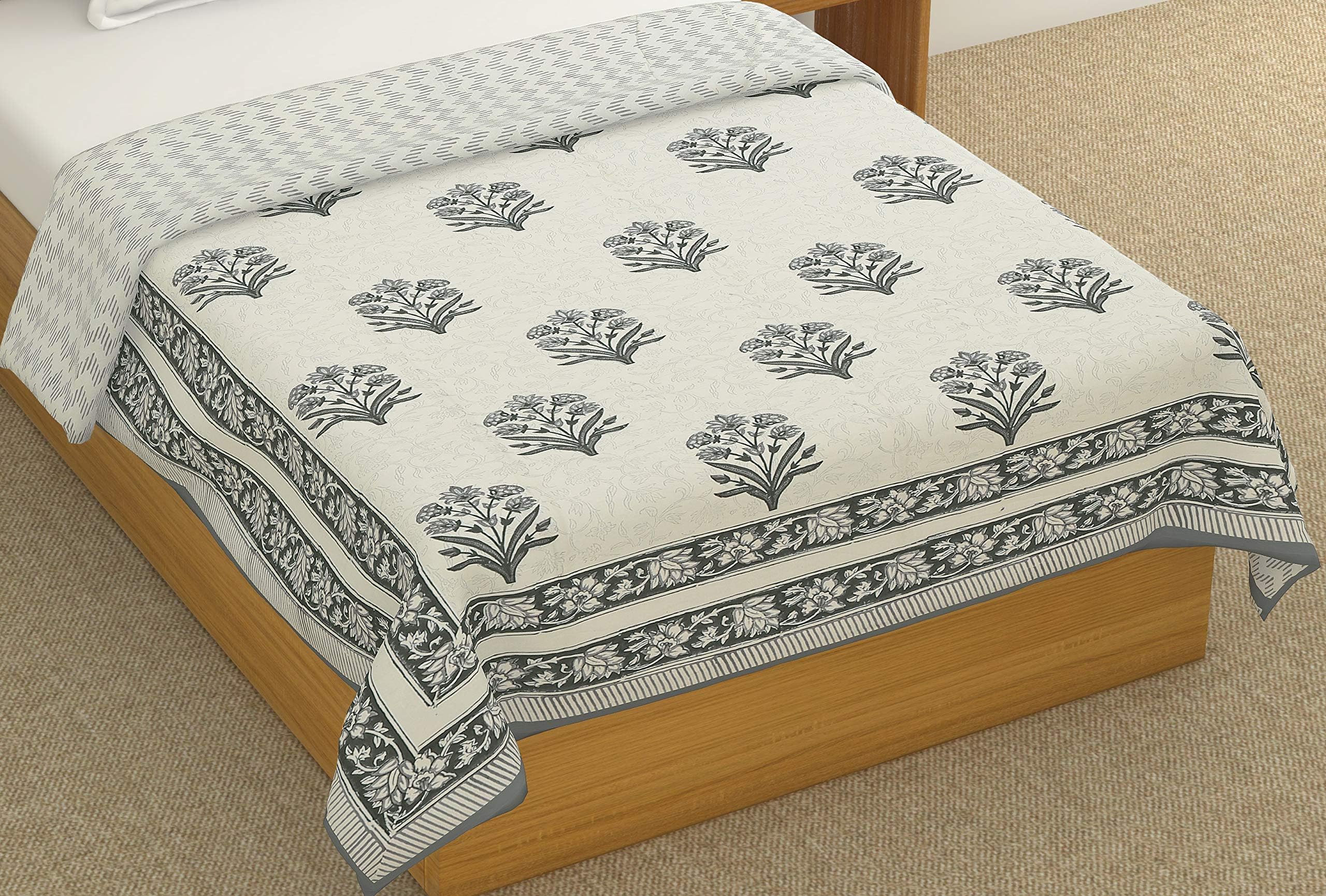BLOCKS OF INDIA Hand Block Printed Cotton Single Size Reversible Malma Dohar For Summer (Grey Motifs, 200 Tc)